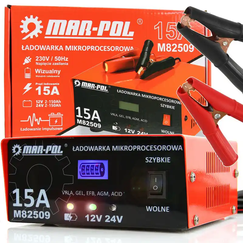 Prostownik mikroprocesorowy samochodowy do ładowania akumulatora 12/24v 15A MAR-POL Wyprzedaż