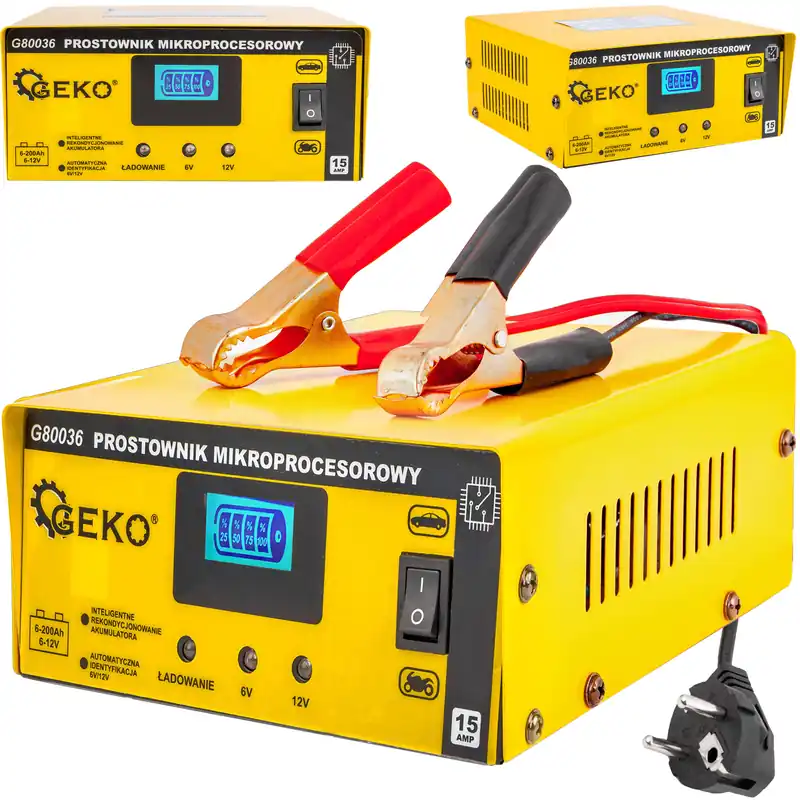 Taniej Ładowarka prostownik mikroprocesorowy do akumulatora lcd 6v 12v 15A GEKO