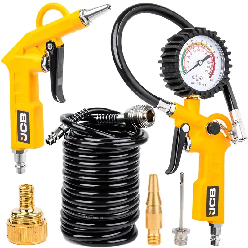 Pistolet do pompowania kół opon zestaw 6 el. z manometrem kompresora JCB Wyjątkowa oferta